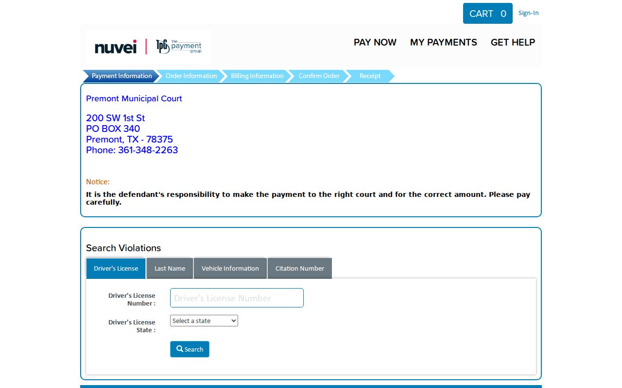 Jim Wells County traffic warrant citation search fields on the Premont TrafficPayment portal