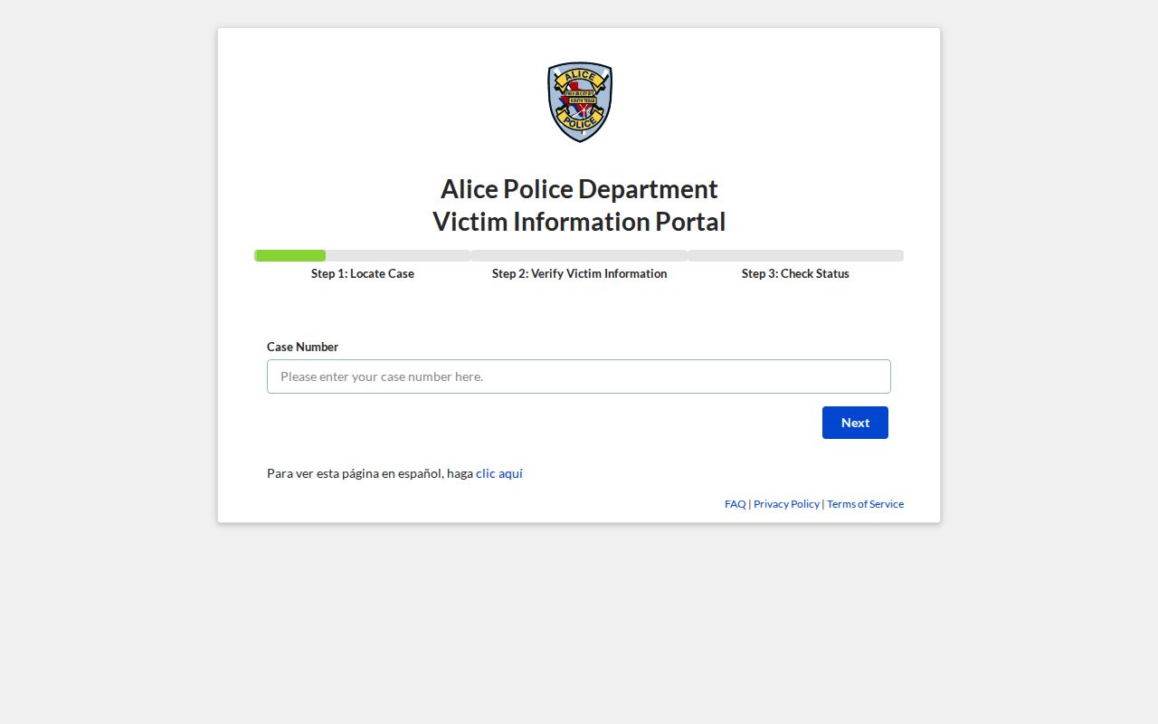 Alice warrant records context, empty Alice Police case-status portal