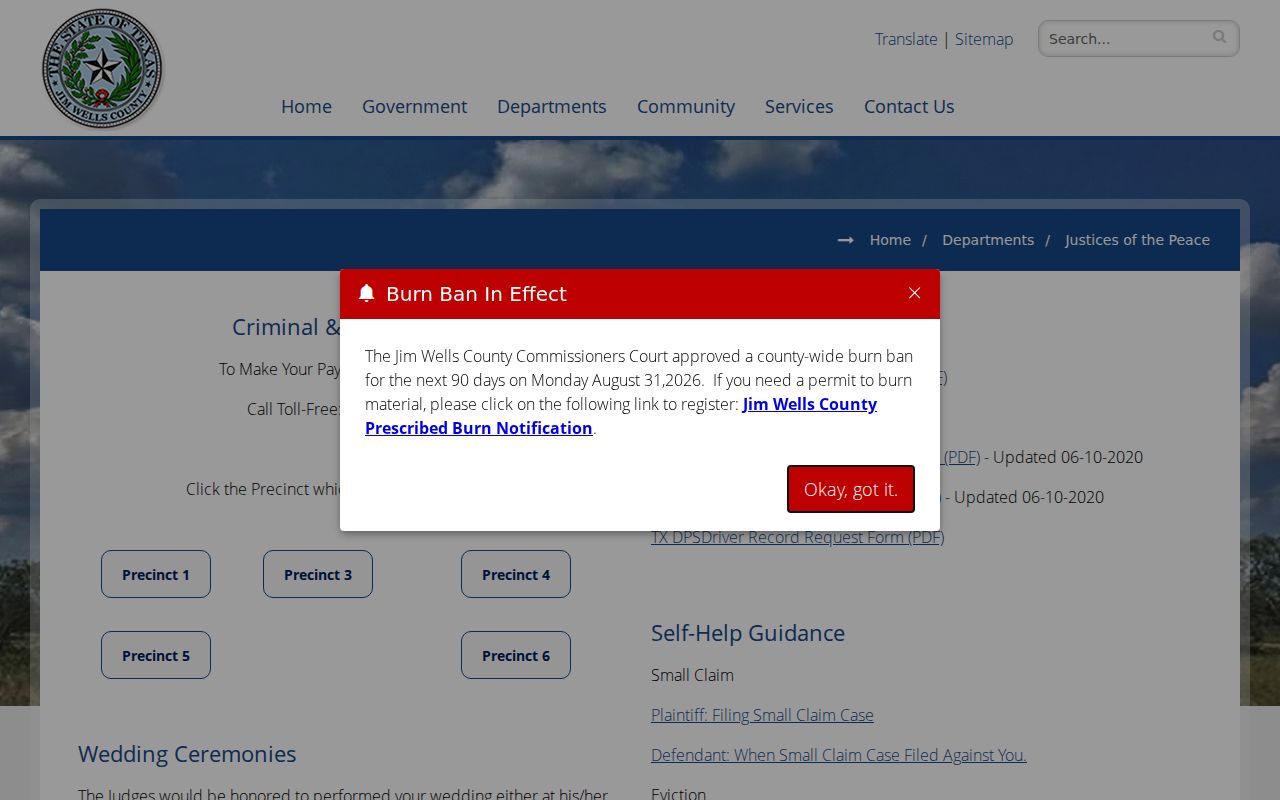 Jim Wells County warrant search route through five separate JP payment portals