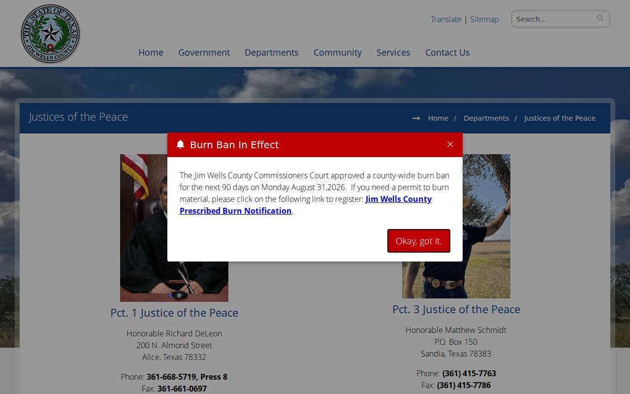 Jim Wells County warrant records route through the official JP precinct directory